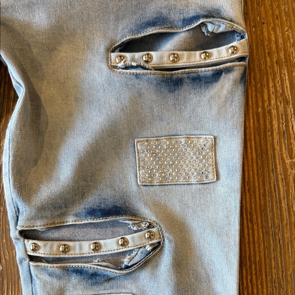 Revel Trendy Light Blue high waisted Skinny Jeans with Distressed bling Accents - Picture 8 of 10